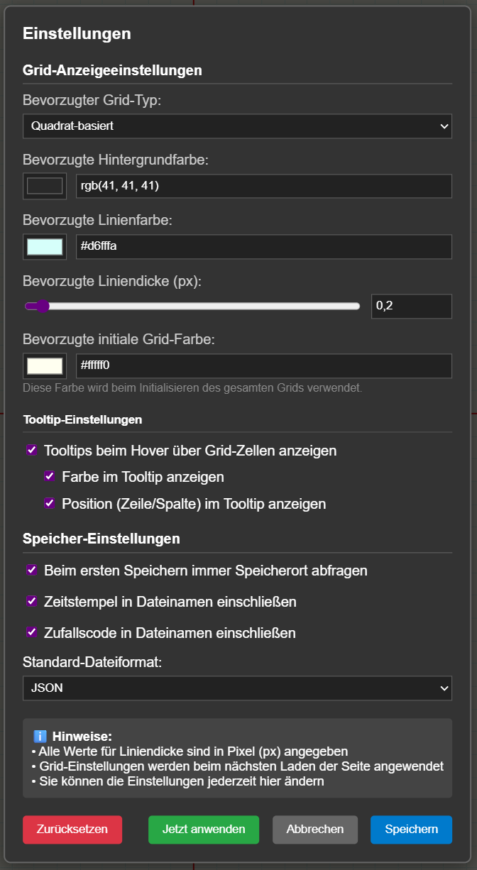 Einstellungsbereich mit allen Kontrollelementen